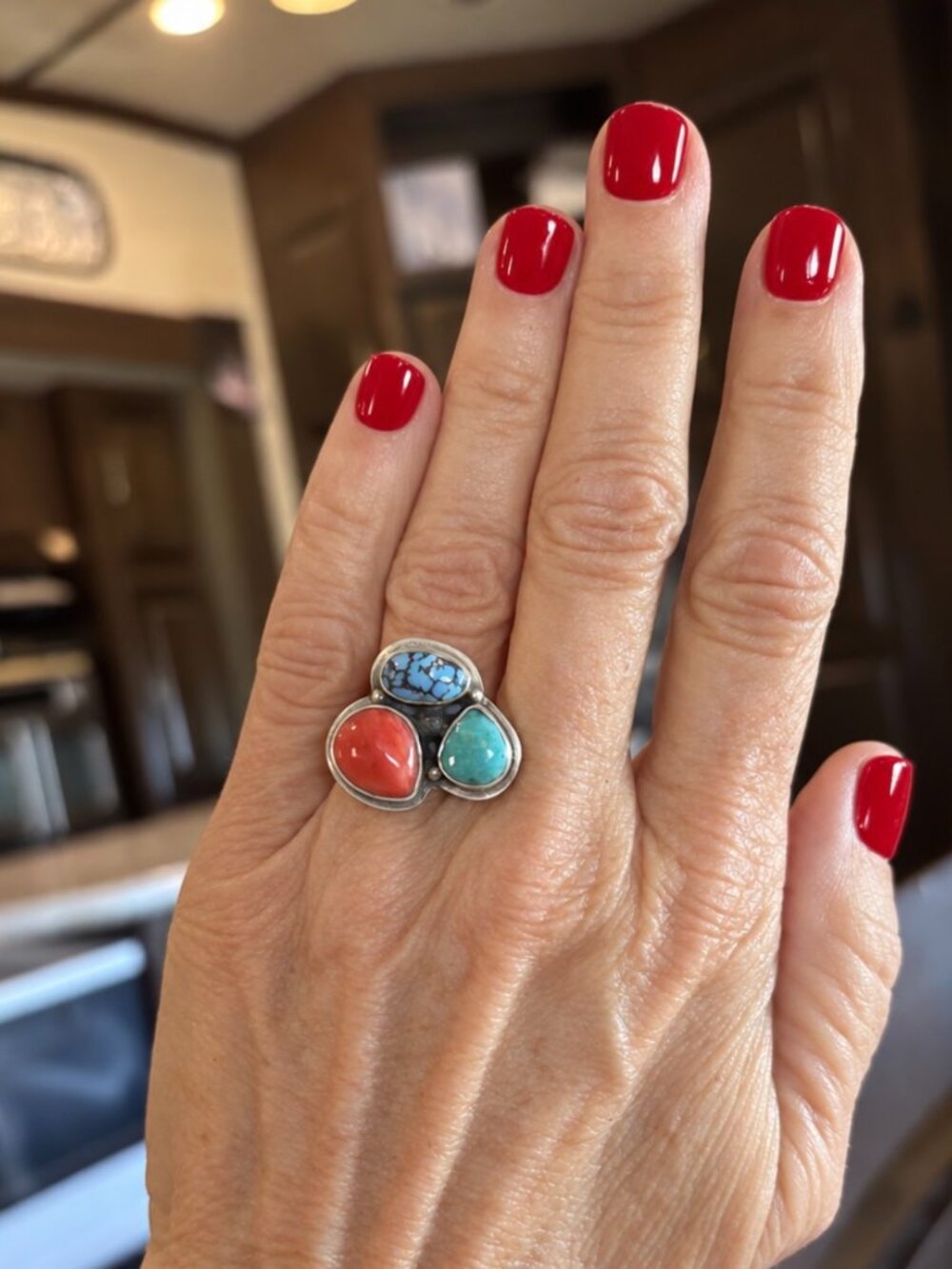 Three stone Turquoise & Red Coral Ring in Sterling Silver